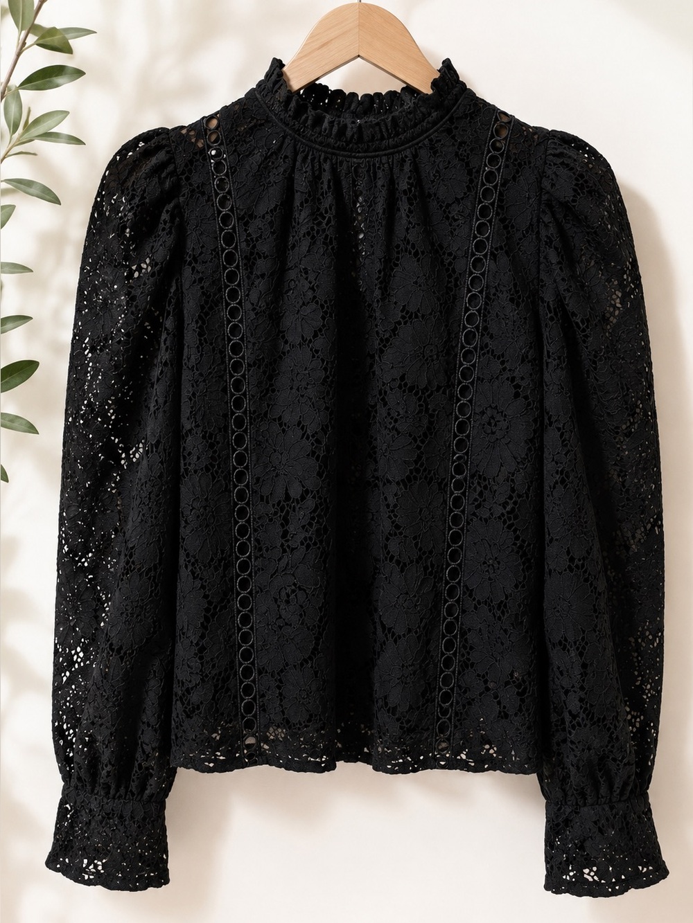 Black Floral Lace Blouse Ruffled High Neck Long Sleeve
